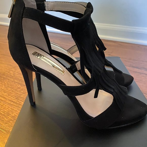 INC International Concepts Black Leather Fringe Heels - Picture 5 of 6